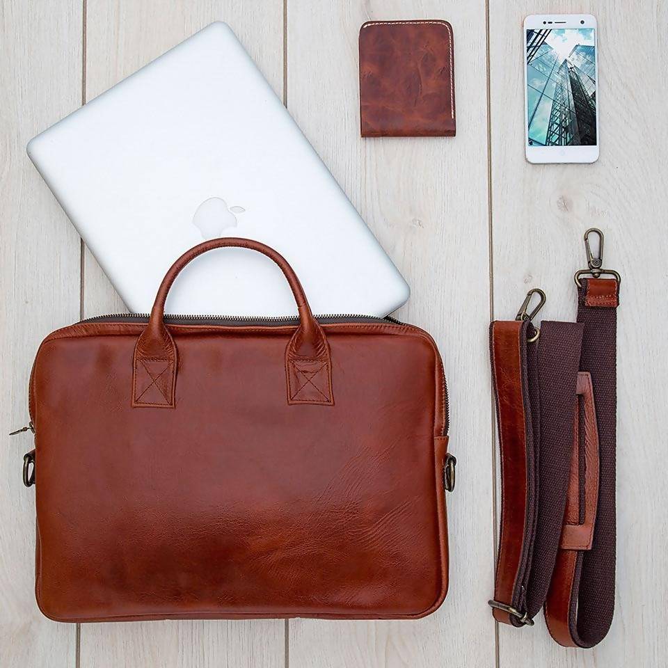 Portafolios vintage de piel para hombre y maletín para laptop vintage café  con porta documentos marca OMINE